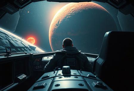 photorealistic, full frame dslr photo, photography, 32k rendering, professional rendering, dramatic rim lighting, volumetric light,
close-up from behind a ruff looking figure sitting at the controls in a tiny spaceship cockpit, like in a futuristic metallic car. a massive WH40K spaceship is outside, damaged, debris and shrapnel floating around. A dark red gas giant dominates the background, up-side down, with a blinding sun just cresting behind it, powerful rim light and flaring across the cockpit. The scene is dark, high contrast, mix of sci-fi fantasy and dark sci-fi horror.
low angle close-up, realistic 32k rendering, cold color grading, perfect balance between dark and dim lights,