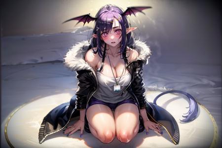 masterpiece, best quality, <lora:lq:1>,lqstyle01, 1girl, solo, tail, head wings, pointy ears, purple hair, looking at viewer, bandaged leg, dog tags, long hair, breasts, fur trim, hairclip, purple eyes, bandages, hair ornament, twintails, shorts, thighs, jacket, white shirt, shirt, nail polish, jewelry, hood, aqua nails, necklace, medium breasts, bangs, open clothes, blue nails, long sleeves, black footwear, black jacket, coat, full body, black coat, tank top, wide sleeves, wings, signature, squatting, cleavage, black shorts, large breasts, sidelocks, bat wings, one knee, short shorts, open coat, white tank top, closed mouth, head tilt, fur-trimmed jacket, open jacket, hood down, monster girl, boots, blush, pink eyes, collarbone, hooded jacket, hooded coat, clothes writing, bare legs, cape