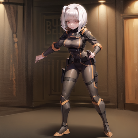 Myo a girl dressed in black and orange outfit with short hair, 1girl, solo, short hair, white hair, full body