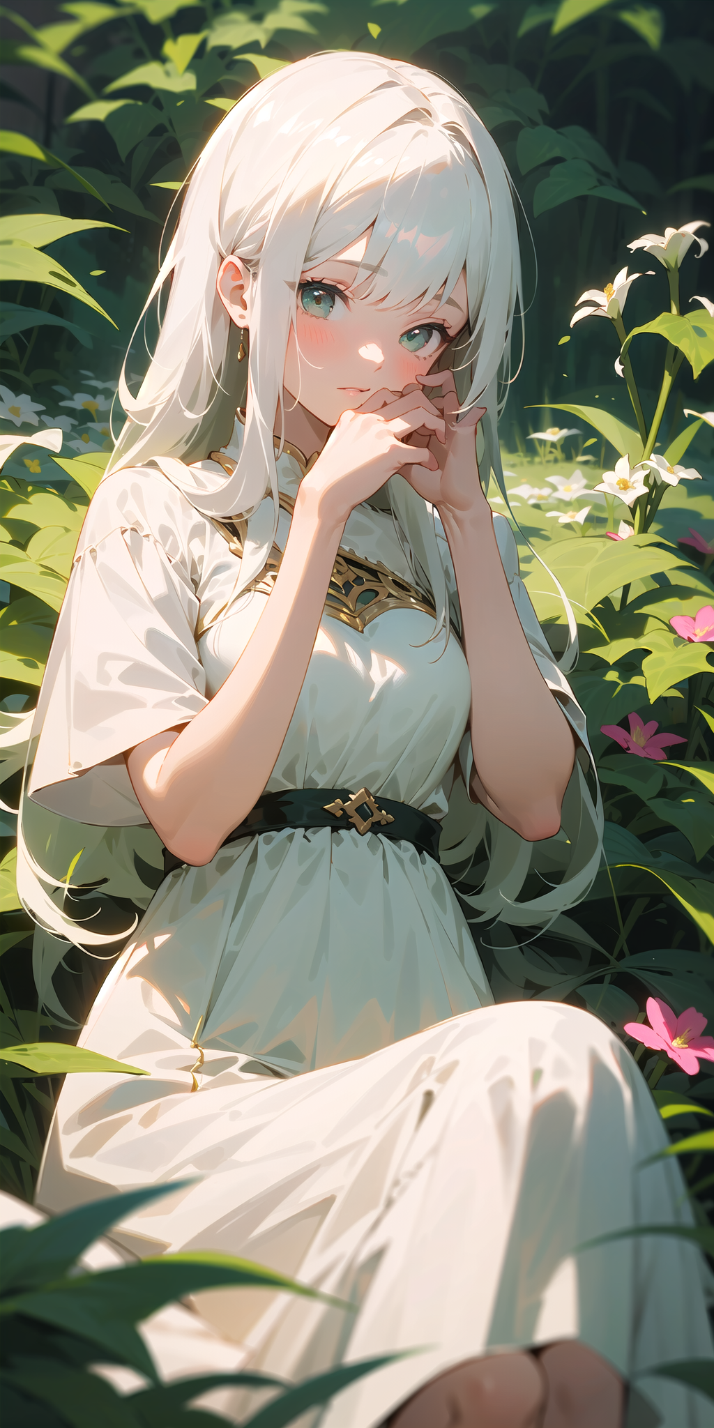 (masterpiece, best quality),1girl with long white hair sitting in a field of green plants and flowers, her hand under her ...