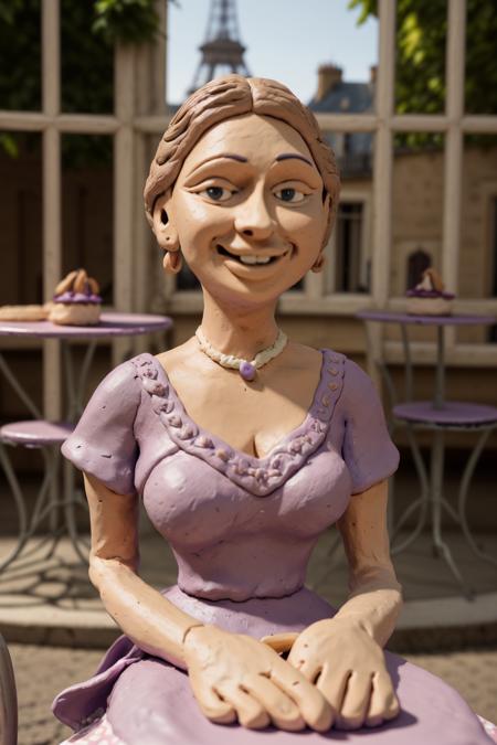 clayanim, outdoors, on a french cafe in Paris, portrait of a beautiful woman sitting at a table, smiling, wearing a purple dress, looking at viewer, DOF, sharp focus, <lora:ClayAnim:1>, summer day