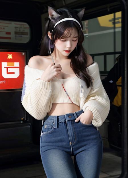 xiao yi xian (masterpiece, top quality, best quality, official art, beautiful and aesthetic:1.2),(1girl:1.4),(long ponytail hair),((black flared jeans)),extreme detailed,(fractal art:1.3),colorful,highest detailed,high heels, extremly close up at mirror,_9,score_8_up,score_7_up, ((washed design at thigh of jeans)), g cup breast, open shoulder knit sweater, cat ear hairband, large thigh gap, <lora:hand-down-clothes:1>,,hand down clothes, masturbation