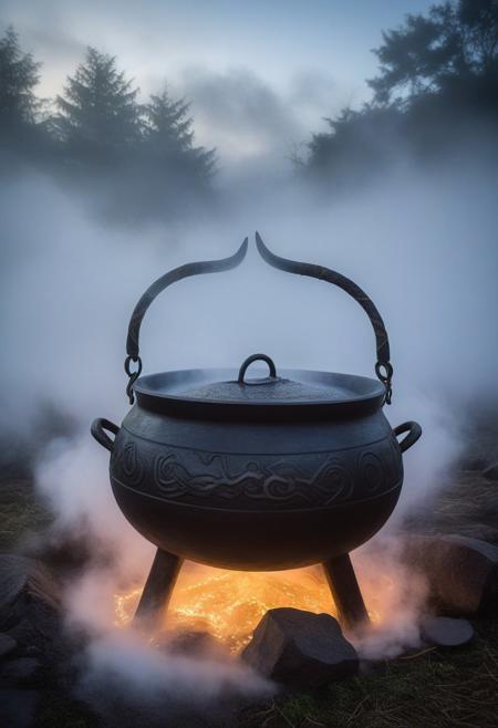 A dragon-shaped cloud of fog rising from a cauldron, surrounded by mystical runes carved into the ground
   Composition: Framing (cauldron), Leading Lines (runes leading to the fog)  
   Lighting: Backlighting from an eerie glow beneath the cauldron, soft light for fog detail  
   Depth: Shallow depth of field to focus on the swirling dragon fog,aidmaHalloweenBoost