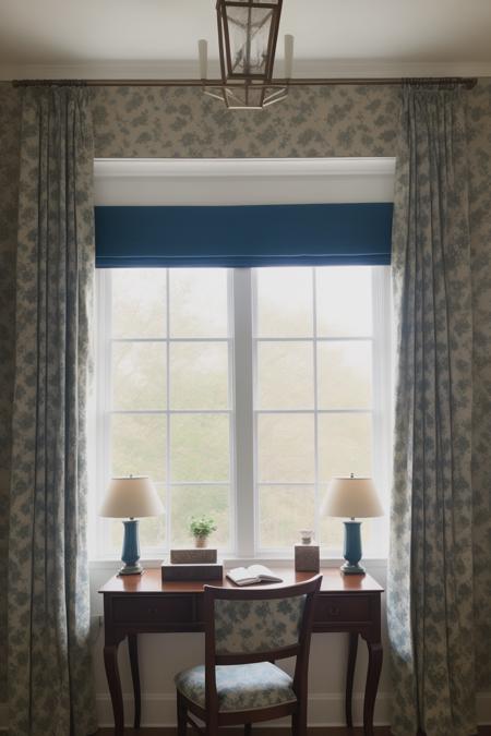 A realistic vision of a room featuring a desk with a chair and a window, adorned with chinoiserie wallpaper and winter blue drapery. The style of the room is inspired by Neil Welliver and is in the William Morris style. The focal point of the room is a beautiful window. The photo was taken on a hillside in October.