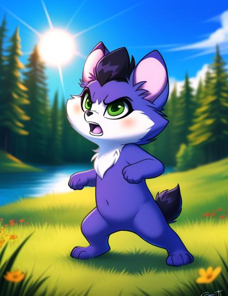  AmaruLoliRock, purple fur, green eyes, black tail, chibi, ( ass up rear view, looking back,)