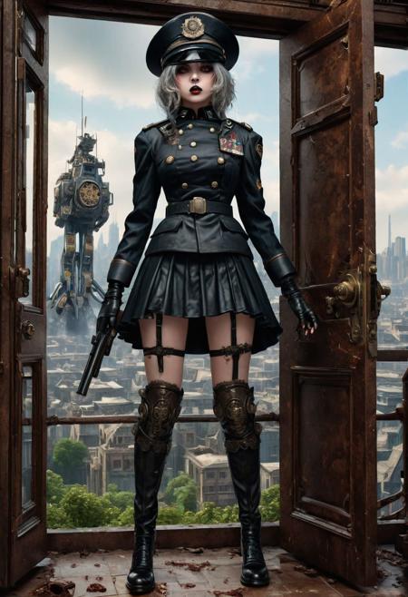 <lora:md2034:0.5> triggering, blood splatter, dystopian
poster_\(medium\),  Intense looking but cute, adorable, and attractive gothgirl with black lipstick and pale makeup, wearing an old looking black militaristic uniform and matching military hat, holding a vintage 19th century pistol, stands directly in front of large battle-mechs, with an expansive cityscape in the far distant background, her skirt lifts as she kicks open a door ((above her is an 'it's a glorious future' type emblem)),  (simple_background:1.3), symmetry,(no_humans:1.3),, (masterpiece:1.3), (best_quality:1.3), (ultra_detailed:1.3), 8k, extremely_clear, realism, (ultrarealistic:1.3),, insane details, intricate details, hyperdetailed, ultra detailed, extreme detailed, highest detailed, high_detail, epic, attention getting, hdr, photorealistic, highres, ultra_high_res, photography, aesthetic, extremely_delicate, ng_deepnegative_v1_75t, Ellis-RealismBoost, epiCRealism