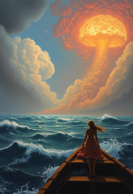 (((Oil painting masterpiece in Aivazovsky style))), ((girl)) , ocean, boat, nuclear blast, total apocalypse, hyper atmospheric, epic