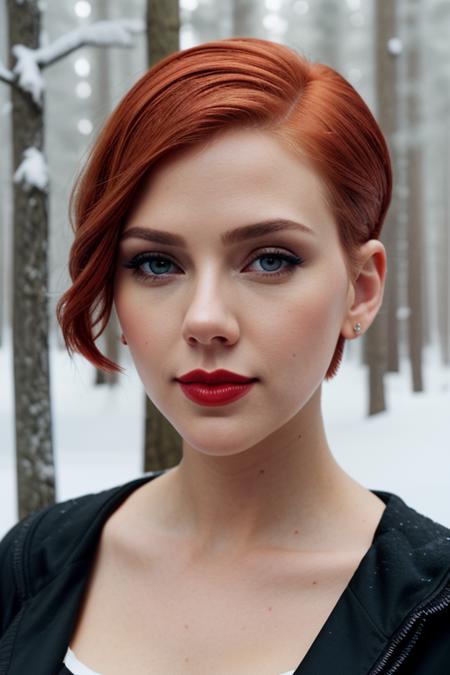 a photo of a woman, scarjo-2640:0.99, ((pale skin)), ((short hair, red hair):1.3)((military special ops uniform):1.2), ((closeup, portrait)2),((outdoors, snow, forest):1.2),,((red lipstick, eyeliner, eye shadow, blush):1.2), ((best quality, masterpiece, extreme details, high resolution):1.2),((detailed eyes, beautiful eyes, detailed face, beautiful face):1.2)