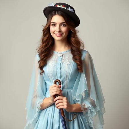 A young woman named Mindalia Kreb, aged 20-30, dressed in late 19th-century clothing. She wears a formal light blue dress with a delicate overlay in a lighter shade of blue. In her hands, she holds an umbrella, and on her head, she has a stylish hat. The woman radiates a sense of elegance, flirtation, and joy.
