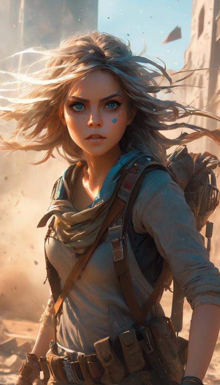 A beautiful female, dust, color explosions, wind, post apocalyptic, extremely beautiful detailed piercing eyes, hero view, action pose, cinematic scene, scenery, detailed background, masterpiece, best quality, high quality, highres, absurdres, very detailed, high resolution, sharp, sharp image, 8k, vivid, colorful, stunning, mature, Toni Infante <lora:toni_infante_xl_v1:1.0>