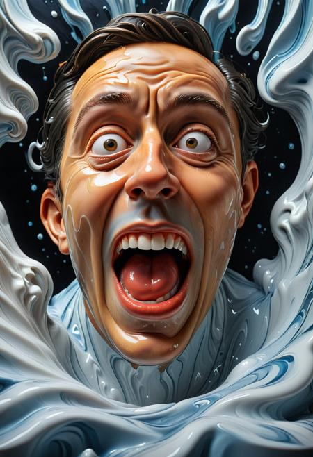liquid marble,
A large-scale, almost photographic portrait, but with comically exaggerated expressions, making the subject appear both humorous and intensely lifelike.hyper-realistic satirical caricature, exaggerated yet glossy lifelike textures, surreal melting paint effects, dramatic lighting, socially charged humor, fine oil painting realism mixed with expressive cartoon distortions, deep emotional intensity