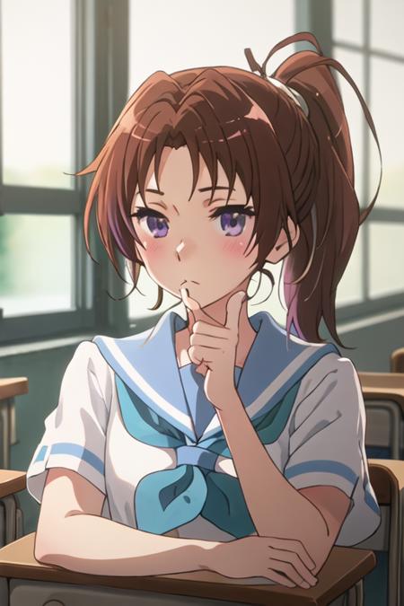 best quality, masterpiece, highres, solo, {nakagawa_natsuki_soundeuphonium:1.15}, brown_hair, ponytail, long_hair, purple_eyes, blush, serafuku, closed_mouth, indoors, bangs, 1girl, blue_neckerchief, blue_sailor_collar, blurry, blurry_background, kitauji_high_school_uniform, neckerchief, sailor_collar, school_uniform, shirt, white_shirt, classroom, looking_at_viewer, chair, short_sleeves