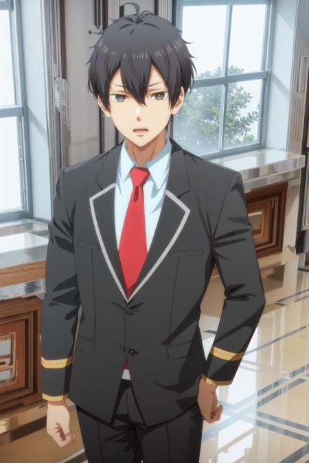 leon fou bartford\(mobseka\), solo, black eyes, looking at viewer, short hair, bangs, shirt, black hair, long sleeves, 1boy, hair between eyes, school uniform, male focus, collared shirt, black jacket, window, gray pants, red necktie