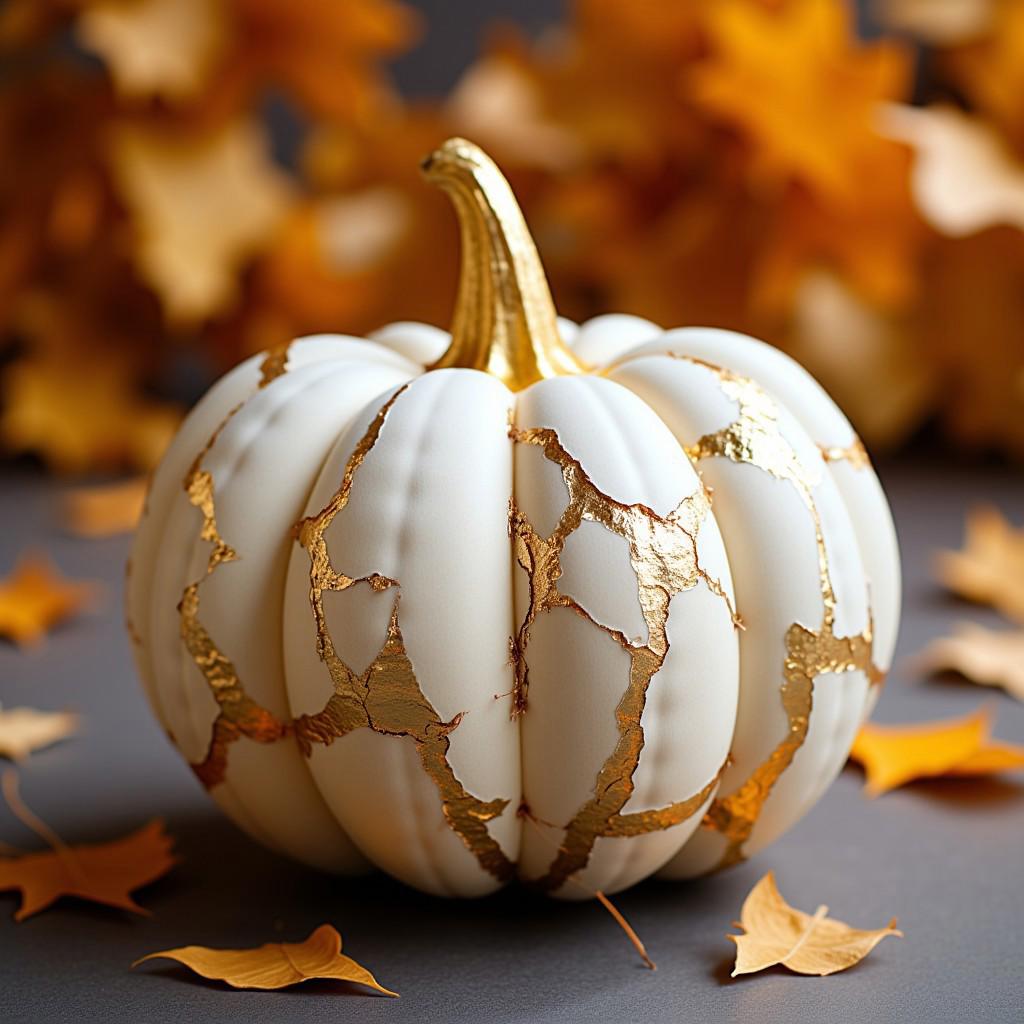 A close-up bokeh shot of a pumpkin composed of white and gold cracked golden joinery, fall decor, professional photograph, a background of gilded leaves