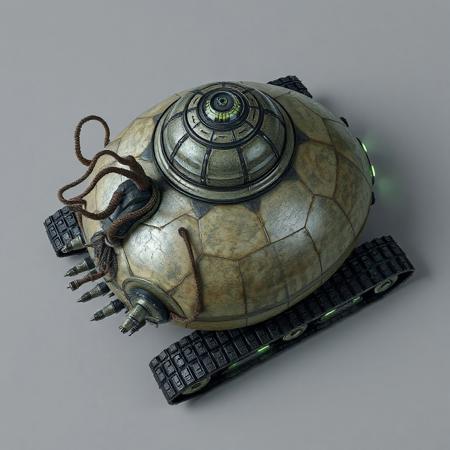 ((top view)), (tank),
Rounded, bulbous tank with a domed top and tendril-like tubing extending from the rear.
Chassis: Organic-looking armor with fibrous patterns, resembling a beetle shell fused with industrial plating.
Tracks: Triple tread system with rear-central primary and side treads slightly elevated for climbing.
Details: Rear-mounted bio-reactor with visible growth nodules. Tank "breathes" slightly — subtle expansion and contraction of plating.
Lights: Soft green glow from vent seams. Pupil-like lens under turret dome pulses rhythmically.