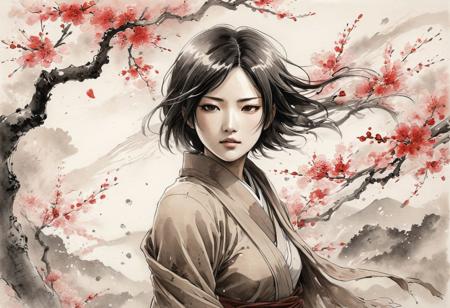 Mikasa Ackerman (Attack on Titan style:1.2), Chinese ink wash painting, dreamlike, blossoming cherry tree branches framing the scene, windswept petals falling around her, dynamic pose, flowing scarf, subtle hint of sensuality, Asian features, detailed flowing hair, determined expression, sunlight filtering through the leaves