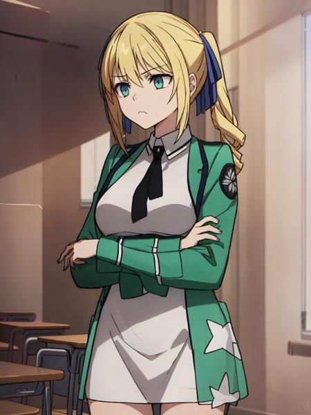 SLE, mksks style, detailed background solo, 1girl, angelina, mahouka uniform, green jacket, white sleeveless dress, star print, expressionless, frown, looking away, crossed arms, standing, school, classroom, sunlight, indoors, cowboy shot