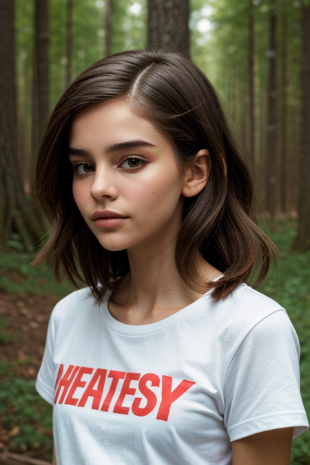 KristinaMeshalkova, portrait photo, (detailed eyes:1.1), (long wavy hair) BREAK, wearing a (1980s white t-shirt with orange stripes:1.1), posing for a picture BREAK with a stranger things background, moody light, (masterpiece), ((forest)), (detailed face:1.2)