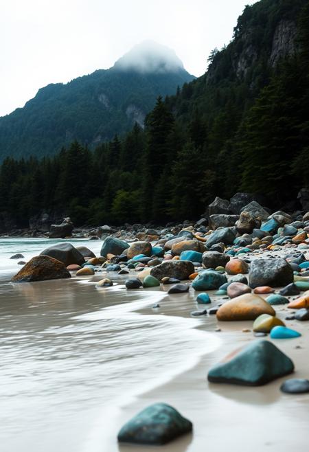 The image depicts a beautiful beach with colorful rocks. The beach is surrounded by lush green trees and mountains in the background. highly detailed and hyper realistic photo, by Alena Aenami , by Archibald Thorburn , by Daniele Afferni , in the style of  monochromatic silhouette reflection,  limited dark palette, unusual dark colors, faded colors, atmospheric haze, highly dramatic cinematic lighting, motion blur, film grain,  professional, excellent composition, finest details, maximized details, ultimate detail level, masterpiece, best quality
