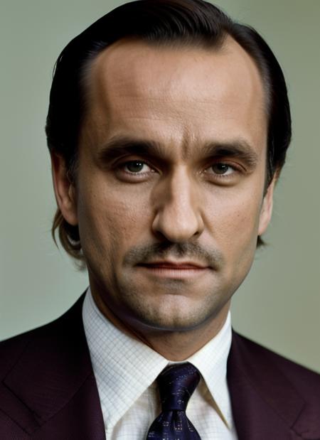 jc1 close up Portrait photo of a man  in a (70s-style suit, wide tie, dress shirt,),  intricate, (cloth [dark green]), elegant, sharp focus, photo by greg rutkowski, soft lighting, vibrant colors, masterpiece, ((simple white background)), detailed face <lora:JohnCazale:1>