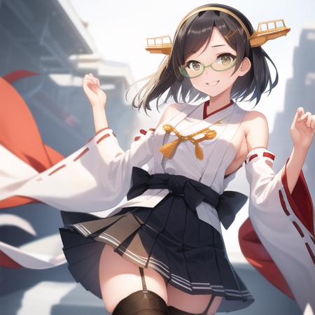 (masterpiece, best quality:1.2),illustration,8k,hd,1girl,solo,cowboy shot,kirishima (kancolle),short hair,skirt,black hair,glasses,ribbon-trimmed sleeves,detached sleeves,ribbon trim,green-framed eyewear,yellow eyes,smile,hair ornament,thighhighs,headgear,black skirt,japanese clothes,hairband,nontraditional miko,breasts,pleated skirt,wide sleeves,<lora:Kirishima(kan)>,