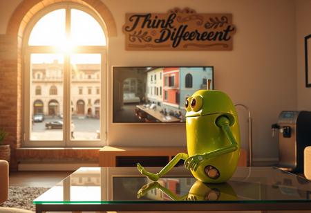 "In a stylish Italian apartment, an anthropomorphic green apple with expressive eyes, arms, and legs sits on a sleek glass coffee table, watching a high-tech OLED TV mounted seamlessly on the wall. The TV plays an Apple computer commercial in vivid 4K, featuring futuristic product designs. Warm sunlight filters through a large arched window, casting a golden glow over the room and revealing a picturesque piazza with cobblestone streets and terracotta rooftops.
The green apple leans forward, its eyes reflecting the vibrant colors on the screen. Subtle mechanical details in its limbs add a techy vibe to its organic form. Above the TV, a beautifully crafted cardboard sign reads 'Think Different!' in Renaissance-style calligraphy with a modern twist. The sign is laser-cut with intricate designs and backlit by soft LEDs, casting elegant shadows on the wall.
The room combines classic Italian charm with advanced technology. Exposed brick walls contrast with sleek digital art frames that rotate images in real-time. Hidden smart lighting adjusts to the scene, creating a dynamic atmosphere. A voice-activated espresso machine hums in the corner, filling the air with the rich scent of freshly brewed coffee. The glossy green apple, with its mix of organic and tech-inspired features, fits seamlessly into this blend of timeless Italian aesthetics and futuristic innovation."