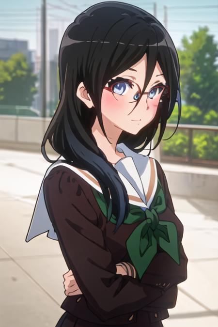 best quality, masterpiece, highres, solo, {tanaka_asuka_soundeuphonium:1.15}, black_hair, long_hair, glasses, blue_eyes, blush, red-framed_eyewear, serafuku, over-rim_eyewear, semi-rimless_eyewear, closed_mouth, hair_between_eyes, 1girl, kitauji_high_school_uniform, school_uniform, looking_at_viewer