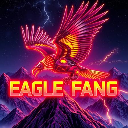 A robotic eagle flying over a mountain-top, beak with fangs. red and yellow stripes.
Background mountains at night. Cosmic skyscape.  Synthwave colorscheme. Very realistic, fantasy illustration.
with the words "EAGLE FANG" emblazoned in 3D, intricate, lightning patterns, with a predominantly neon colors,