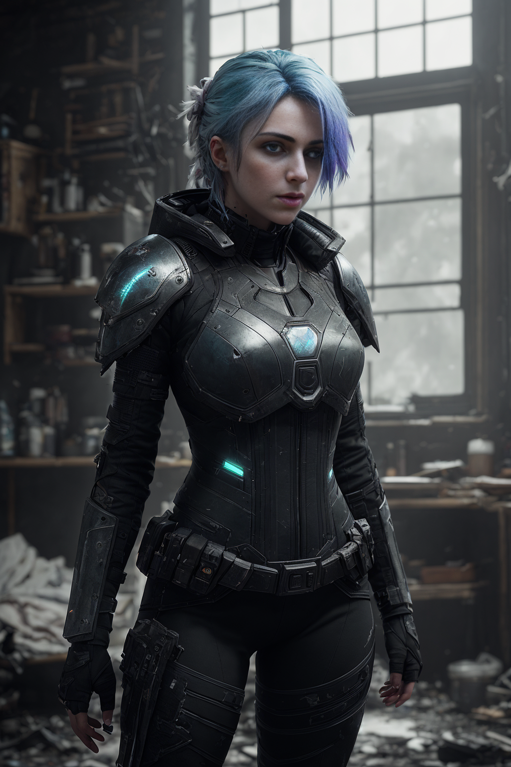 cell shading, digital art, dark and gloomy full body 8k unity render, female teen cyborg, Blue yonder hair, wearing broken...