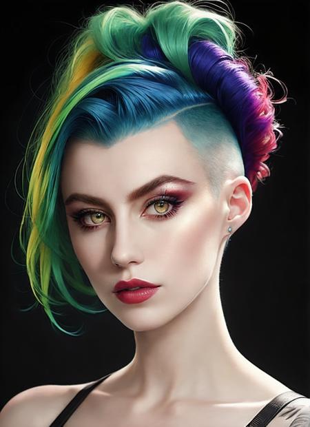 portrait of sks woman by Flora Borsi, style by Flora Borsi, bold, bright colours, rainbow Mohawk haircut, ((Flora Borsi)), <lora:locon_cbg_v1_from_v1_64_32:1>