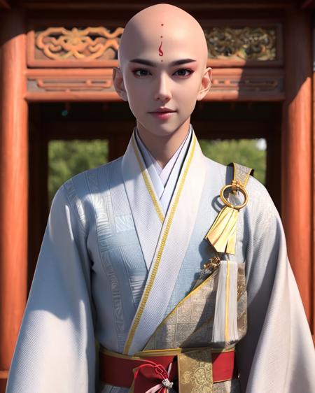 1boy, bald,brown eyes, chinese clothes, looking at viewer, white kimono,upper body,