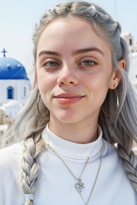 BillieEilish, portrait, ((Santorini, Greece (whitewashed streets), charming village streets, white-washed buildings, blue domes, Aegean Sea views))