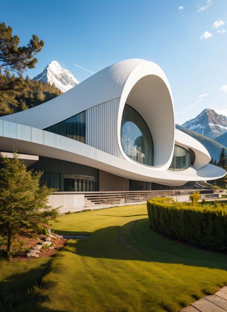 Best quality, masterpiece, realistic, architecture, photo realistic, curved_architecture, <lora:curved_architecture_v1.1:0.7>, mountains, forests