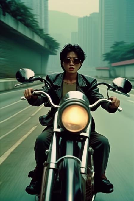 <lora:Director Bong Joon-ho style:1>Director Bong Joon-ho style - movie scenes from Hong Kong gangster old film, Couple ride motorcycles on the roadway in Hong Kong old time, 90s, hong kong movie of Young and Dangerous Film Series, photography film style of 90s, in the style of high speed film, movement and spontaneity captured muted colours, eclectic curatorial style, cinestill 50d