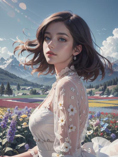 1girl, dynamic angle, cloud and mountain, (flower field:1.4) in the foreground, white dress, light tracing, (floating colorful wind:1)
(photorealistic:1.4), official art, unity 8k wallpaper, ultra detailed, beautiful and aesthetic, masterpiece,best quality, glowing skin, cinematic lighting, light smile