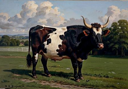 a painting of a cow by Bnhr, no humans, outdoors, grass, animal focus, cow, horns, sky, <lora:bonheur_resize:0.88>