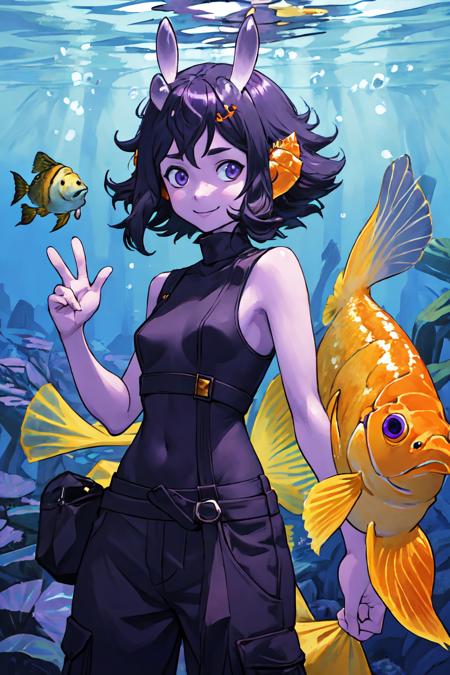 (masterpiece, best quality), outdoors, underwater, fish, animal, cowboy shot, 1girl, solo, NerriOrisghost, colored skin, purple skin, purple eyes, short hair, medium breasts, <lora:NerriOrisghost_V1-Manityro:1>, smile, looking at viewer, sleeveless bodysuit, turtleneck bodysuit, cargo pants, waving