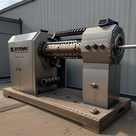 Wooden gun, 8k extreme detail, Outside, standing next to a metal machine, realistic, perfect, no mistakes, ultra-realistic