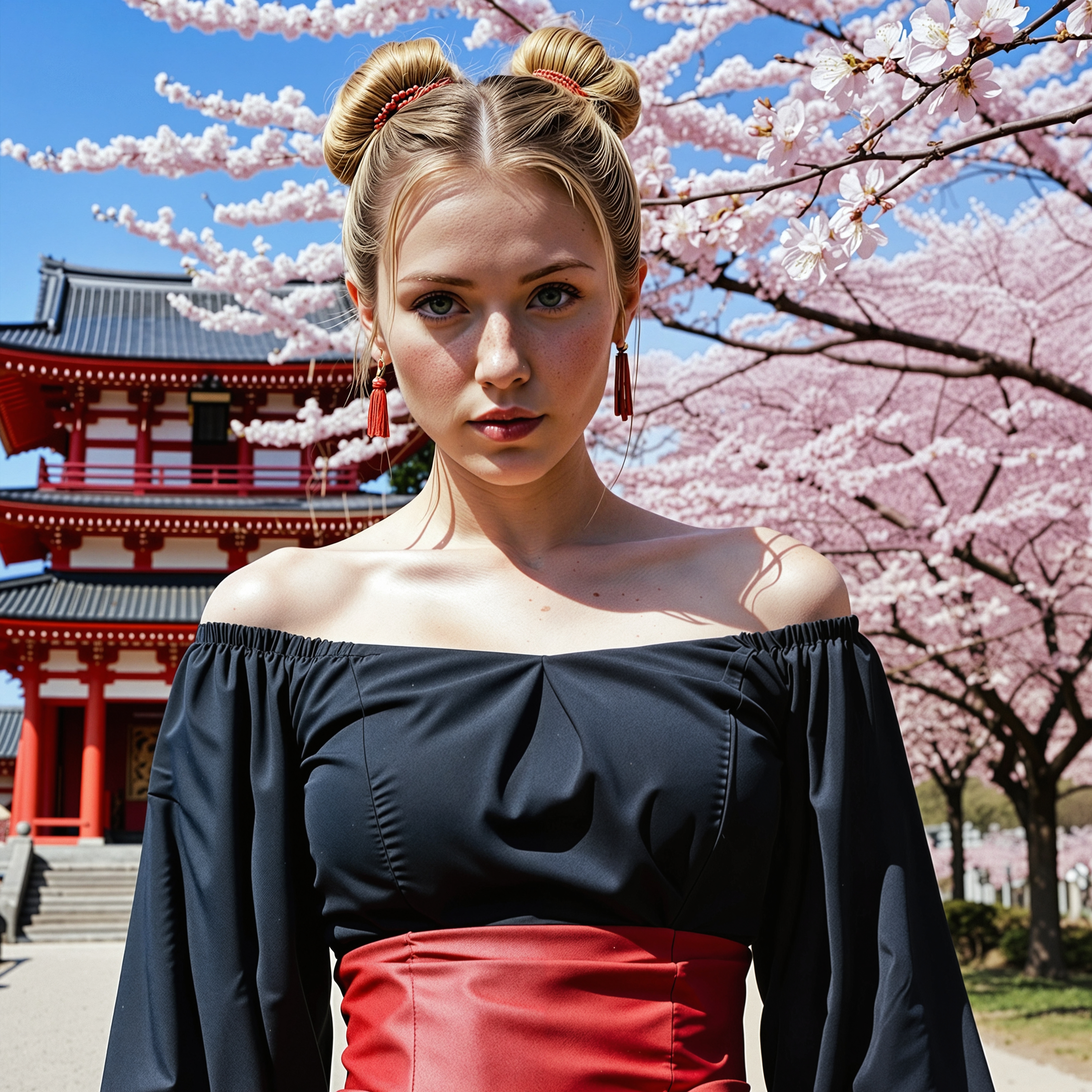 RAW analogue photo of a beautiful 25 years old woman, clear focus, high resolution image,  ,Beautiful woman golden blond hair, blue eyes, <lora:Njala_SDXL:0.65> ,A photo realistic shoot from a portrait camera angle about a  woman standing in a serene outdoor setting surrounded by cherry blossom trees. the image also shows a traditional japanese temple with a red torii gate in the background. on the middle of the image, a woman in her early twenties with fair skin, beautiful hair styled in two buns, and beautiful eyes appears to be looking directly at the camera with a neutral expression. she is wearing a black off-the-shoulder dress with sheer sleeves and a red sash around her waist. the dress has a high neckline and is cinched at the waist with a black turtleneck. her hair is styled in a long hair bun and she has earrings adorning her ears. her body is slim with bare shoulders and her arms are at her sides. the background features a clear blue sky, pink cherry blossoms in full bloom, and a pagoda-like structure in the distance., Beauty, Realistic, Hot, Realistic_Beauty,   ,photo Fantasy art combining the styles of Boris Vellejo and Luis Royo, Photorealistic, real photo, god rays, 1girl, 21yo,realistic, ,Sexy pose, erotic pose, exhibitionism, ,school classroom