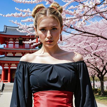 RAW analogue photo of a beautiful 25 years old woman, clear focus, high resolution image,  ,Beautiful woman golden blond hair, blue eyes, <lora:Njala_SDXL:0.65> ,A photo realistic shoot from a portrait camera angle about a  woman standing in a serene outdoor setting surrounded by cherry blossom trees. the image also shows a traditional japanese temple with a red torii gate in the background. on the middle of the image, a woman in her early twenties with fair skin, beautiful hair styled in two buns, and beautiful eyes appears to be looking directly at the camera with a neutral expression. she is wearing a black off-the-shoulder dress with sheer sleeves and a red sash around her waist. the dress has a high neckline and is cinched at the waist with a black turtleneck. her hair is styled in a long hair bun and she has earrings adorning her ears. her body is slim with bare shoulders and her arms are at her sides. the background features a clear blue sky, pink cherry blossoms in full bloom, and a pagoda-like structure in the distance., Beauty, Realistic, Hot, Realistic_Beauty,   ,photo Fantasy art combining the styles of Boris Vellejo and Luis Royo, Photorealistic, real photo, god rays, 1girl, 21yo,realistic, ,Sexy pose, erotic pose, exhibitionism, ,school classroom
