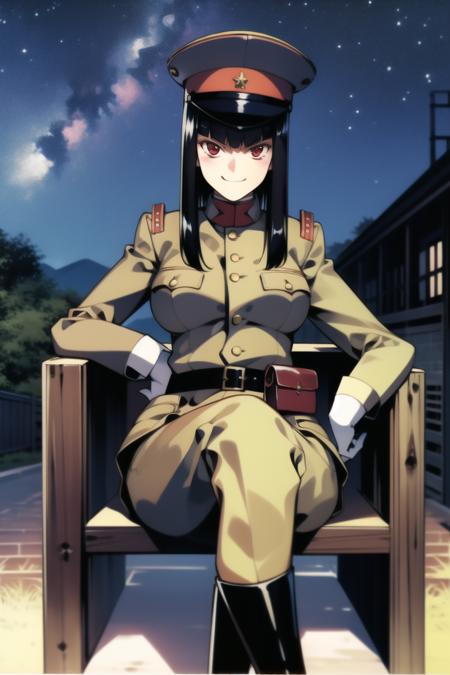 masterpiece, best quality, absurdres, high resolution, extremely detailed, 1girl, solo, sitting on wooden box, crossed legs,  ((IJA Taisho, khaki uniform, IJA officer,)), IJA peaked cap, black long boots, hand on hip,large breasts, wide hips,   narrow waist,  black hair, long hair, hime cut,  blunt bangs, red eyes, smug,evil smile,  white gloves, holster, leather belt pouch, ruined city, ruined street, on fire, night sky, <lora:IJAuniform-v0:0.9> <lora:ooyari-style_v1.0:0.6>, burning chinese village,