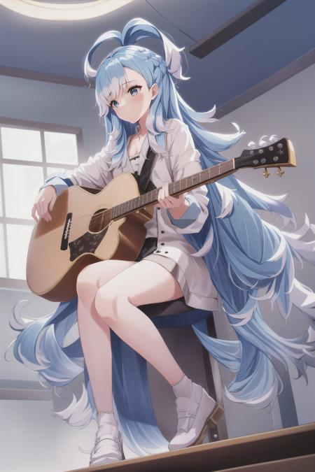 1girl, flat chest, blue hair, long hair, blue eyes, kobo, kanaeru, luxury background, indoors, ahoge, white hair tips, full body at full size, pink lighting, guitar, playing on guitar