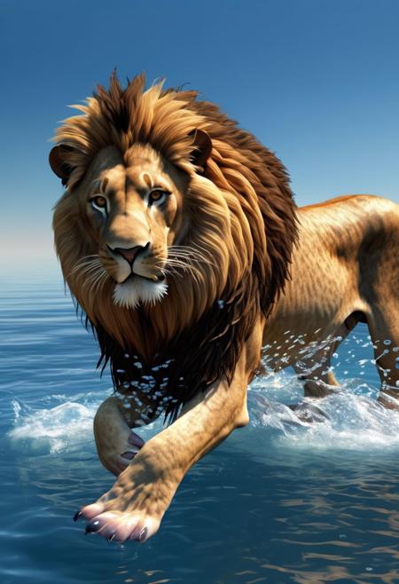 Create a photorealistic 3d image of a male lion with its mane flowing in the water as it is swimming in the ocean  with a fish tale and webbed feet