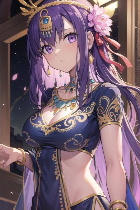 parvati, long hair, (purple eyes:1.1), purple hair, bracelet, flower, hair flower, hair ornament, indian clothes, jewelry, necklace, side slit,