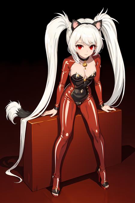 quill, 1girl, solo, cat ears, tail, white hair, long hair, red eyes