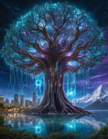A colossal, ancient tree with bioluminescent bark, its roots stretching deep into a glowing, floating city made entirely of mystical crystals. The sky above is a swirling canvas of geometric constellations, shifting and morphing like an alien language. Time itself bends, and floating islands drift through the scene, suspended by threads of light. Each island is an ecosystem—one with vibrant coral reefs, another with towering ice mountains glittering under a surreal purple sun. A mechanical phoenix with wings made of liquid glass flies across the horizon, leaving a trail of shimmering, fractal patterns that break the very air around it. In the center, a monolithic obelisk, half stone, half liquid metal, stands as a beacon for lost civilizations, while a giant cosmic jellyfish, with lightning-like tendrils, drifts through the void. The scene is bathed in an impossibly vivid color palette, where neon blues, glowing purples, and molten golds collide in surreal harmony.
