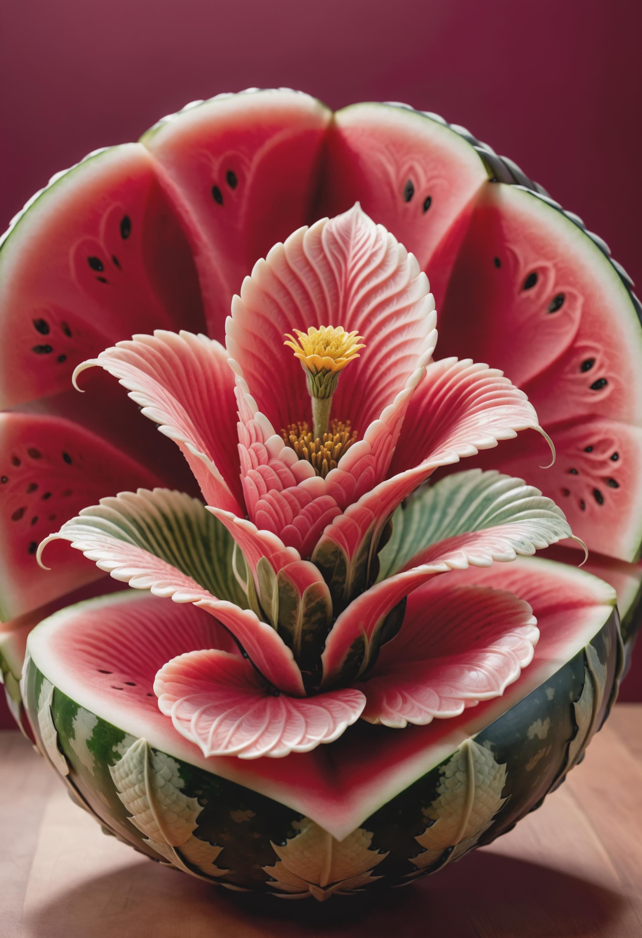 Artistic Watermelon Sculpture with Flower and Butterfly Design