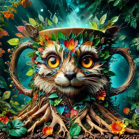 vivid primary colors, dynamic lighting, abstract composition, soft gradients, cinematic contrast, expressive color, textured background, (angled view) of a racoon wizard coffee mug made from foliage-and-roots, foliage foreground frame, vivid flowers, precision, fractal geometry, harmonic interference, altered realities, fantastical scenes, striking visuals,  detailed background, light reflection, masterpiece, best quality, absurdres, strangecomposition, mobe-ancofmu style
