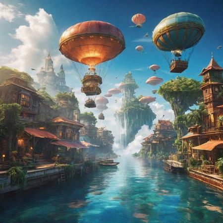 Generate an image of a city floating among the clouds, with buildings resembling coral reefs and aquatic life. Airships glide through the skies, and waterfalls cascade from floating islands, creating a fantastical blend of air and sea