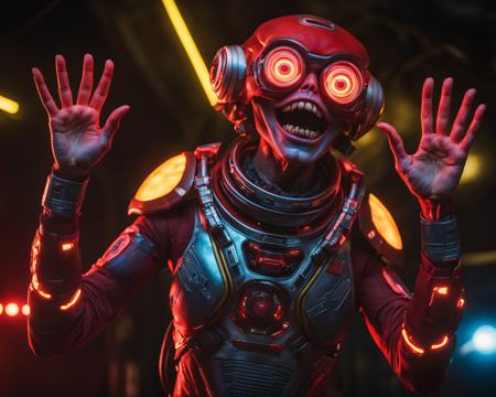 cinematic shot of an alien with red skin and yellow eyes, wearing a science fiction spacesuit, powerful pose, intimidating look, open mouth, teeth, drool, goo, hands up, colorful, neon  cinematic lighting, imax, dslr